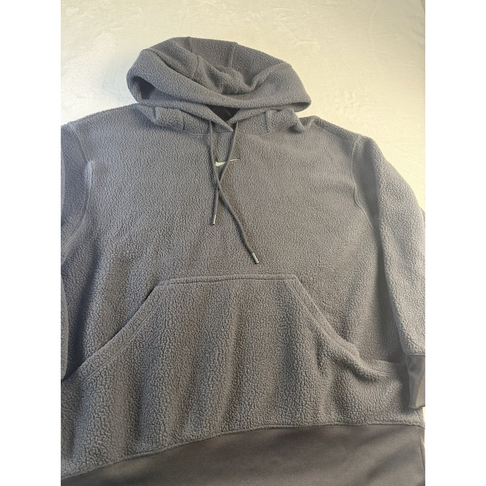 Nike Mens Black Sherpa Fleece Pullover Hoodie Center Swoosh Kangaroo Pocket Sz M - Picture 3 of 8